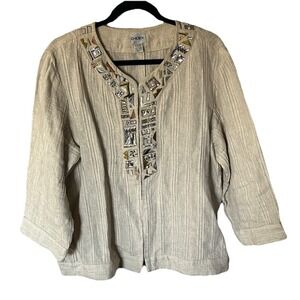 Chicos Size 3 linen decorative holiday jacket festive coat embroiderded